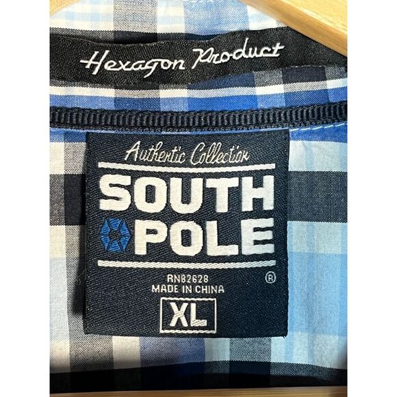 South Pole Hexagon Mens Shirt Button Up Short Sleeve Blue‎ Plaid 100% Cotton XL - Picture 9 of 10